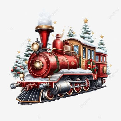 Red Christmas Train with trees and stars 5D mosaic kit, playful holiday wall art to brighten festive living spaces