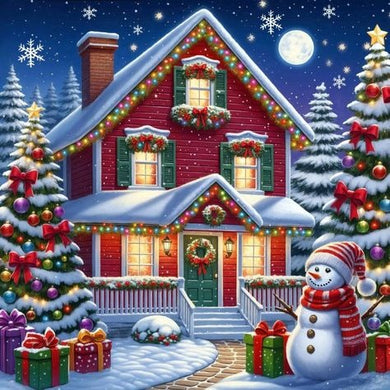 DIY Crystal Diamond Painting Kit of festive Christmas house with snowman, charming holiday scene for wall d¨¦cor
