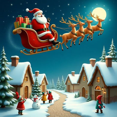 Santa Claus Sleigh and Reindeer over snowy village embroidery kit, classic Christmas wall art for seasonal d¨¦cor