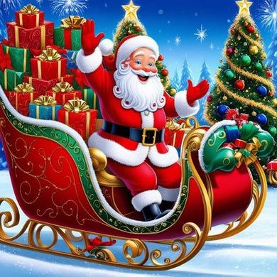 Santa in sleigh with Christmas trees and gifts diamond painting kit, festive sparkling wall art for holiday celebrations