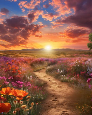 Sunset over Flower Field with Path Diamond Embroidery Kit, serene landscape wall art perfect for home or office d¨¦cor