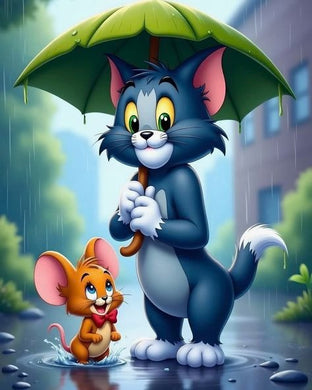 Cartoon Cat and Mouse under Umbrella DIY Mosaic Kit, charming rainy day scene for playful wall decoration