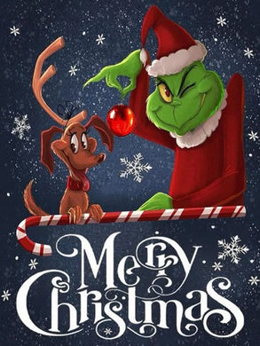 Cartoon Grinch and Dog with Candy Cane DIY Diamond Art Kit, funny holiday craft to add playful charm to walls