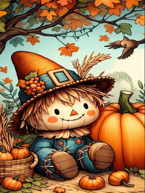 Cartoon Scarecrow with Pumpkins and Leaves DIY Crystal Art Kit, autumn harvest wall d¨¦cor for cozy home settings
