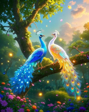 Full Drill Diamond Painting Kit featuring two peacocks on a branch, vibrant forest animal art for walls or office spaces