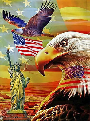 Eagle and Statue of Liberty with American Flag Diamond Painting Kit, patriotic DIY mosaic wall art for home or office