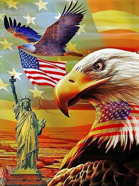 Eagle and Statue of Liberty with American Flag Diamond Painting Kit, patriotic DIY mosaic wall art for home or office