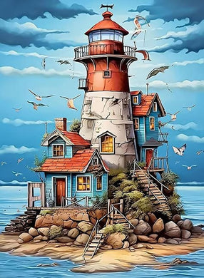 Colorful Lighthouse on Island DIY Mosaic Kit, sparkling nautical wall art to brighten coastal-themed living spaces