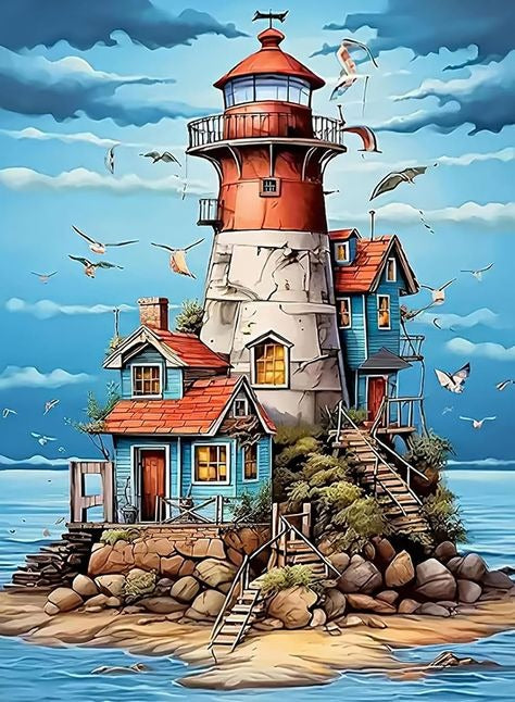 Colorful Lighthouse on Island DIY Mosaic Kit, sparkling nautical wall art to brighten coastal-themed living spaces