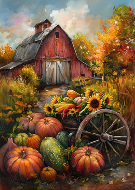 Autumn Red Barn with Pumpkins and Sunflowers DIY Rhinestone Mosaic Kit, cozy seasonal wall d¨¦cor for rustic homes