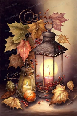 Lanterns, Candles, and Autumn Leaves DIY Beaded Embroidery Kit, cozy fall wall art perfect for seasonal home d¨¦cor