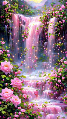 Fantasy Landscape with Pink Waterfall DIY Mosaic Kit, magical sparkling wall art for dreamy bedrooms or offices