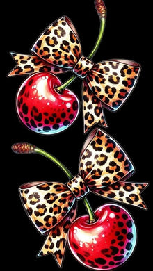 Red Cherries with Leopard Print Bows DIY Creative Wall Craft, sparkling fruit-themed art set for kitchens or DIY d¨¦cor