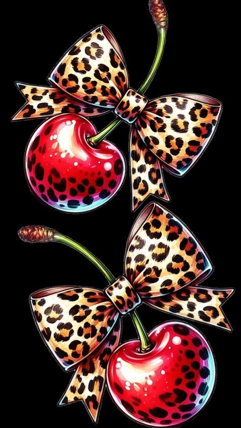 Red Cherries with Leopard Print Bows DIY Creative Wall Craft, sparkling fruit-themed art set for kitchens or DIY d¨¦cor