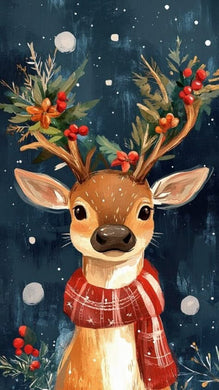 Deer with Red Scarf DIY Beaded Embroidery Canvas, cozy winter-themed handmade wall art perfect for seasonal home decoration