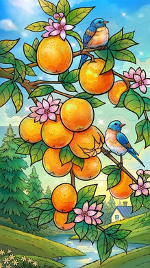 Tree with Oranges, Birds, and Flowers DIY Rhinestone Hobby Kit, sparkling nature-inspired wall art for home or office d¨¦cor