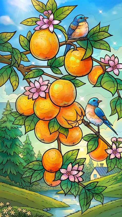 Tree with Oranges, Birds, and Flowers DIY Rhinestone Hobby Kit, sparkling nature-inspired wall art for home or office d¨¦cor