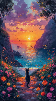 Cat on a Path DIY Beaded Embroidery Canvas, sparkling pet-themed handmade wall art perfect for cat lovers¡¯ homes