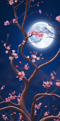 Tree with Pink Blossoms and Moon DIY Glitter Mosaic Kit, elegant handmade night scene wall art to create magical ambiance