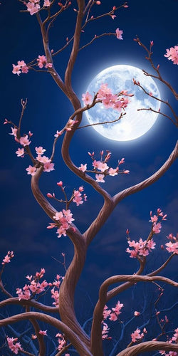 Tree with Pink Blossoms and Moon DIY Glitter Mosaic Kit, elegant handmade night scene wall art to create magical ambiance