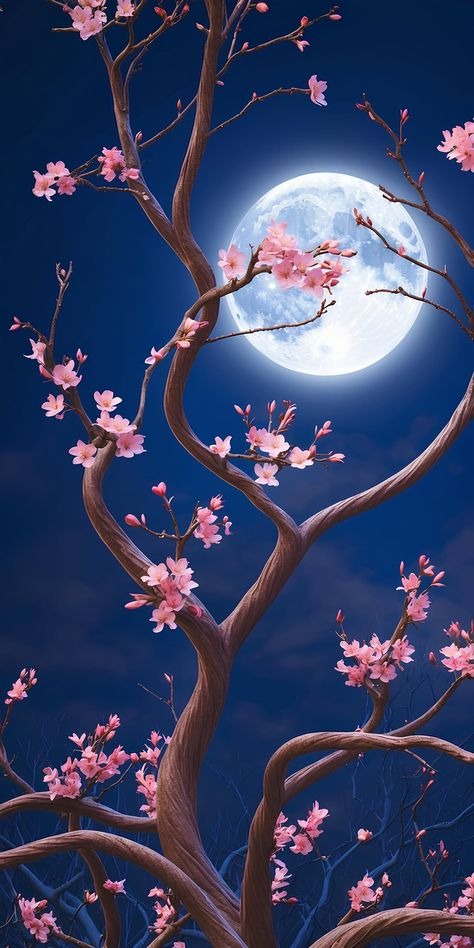 Tree with Pink Blossoms and Moon DIY Glitter Mosaic Kit, elegant handmade night scene wall art to create magical ambiance