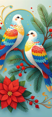 Birds with Poinsettia and Berries DIY Beaded Embroidery Canvas, sparkling holiday wall art adding cheerful seasonal charm