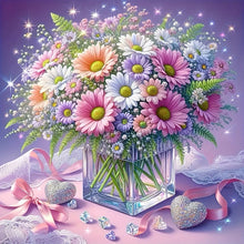 Load image into Gallery viewer, Bouquet of colorful flowers in a clear vase with ribbons and crystals on a purple background
