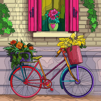 Colorful bicycle with flower pots against a stone wall with a window and plants.