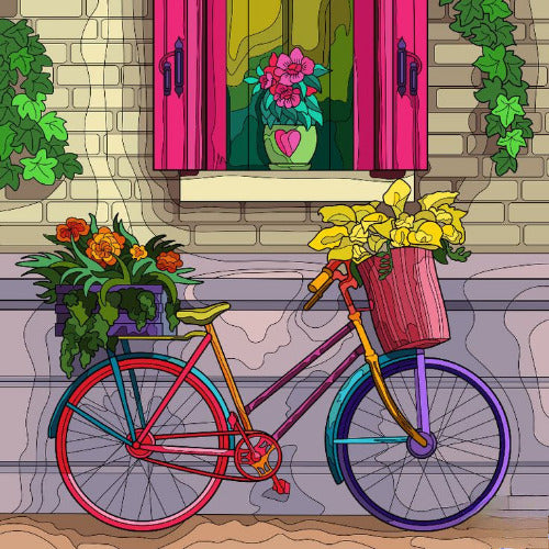 Colorful bicycle with flower pots against a stone wall with a window and plants.