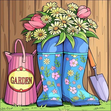 Colorful floral-patterned boots filled with flowers and gardening tools diamond painting ¨C garden-inspired wall art