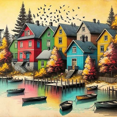 Colorful houses by a lake with boats and birds diamond painting ¨C scenic DIY wall art