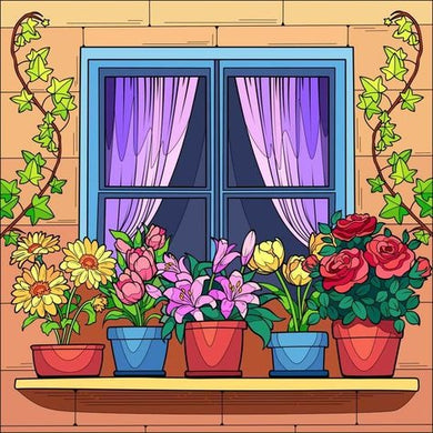 Colorful potted plants on a windowsill diamond painting with purple curtains and ivy leaves ¨C cozy home d¨¦cor art