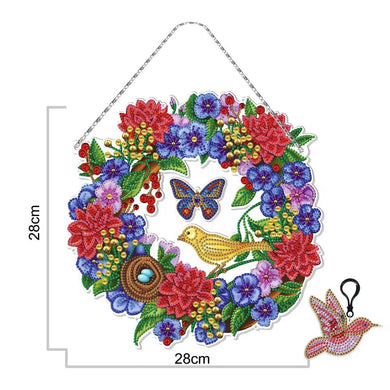 Flowers Bird DIY Diamond Painting Wreath with Keychain