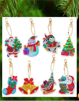 8pcs Christmas Tree Stocking Pendant DIY Diamond Painting Keychain Kit