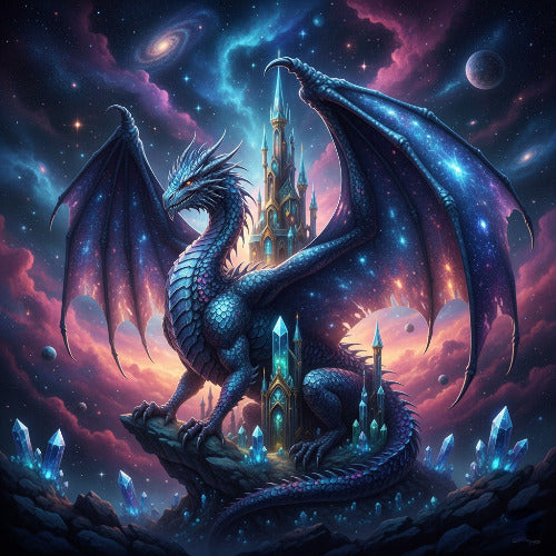 High-detail 5D DIY Diamond Painting Kit featuring a majestic blue and purple Celestial Dragon Guardian protecting a crystal castle under a nebula sky. Ideal for square drills, full drill coverage.