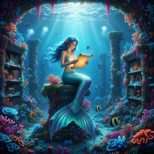 Full drill Diamond Painting Kit: A beautiful mermaid reading a glowing scroll in a Sunken Library among ancient Greek ruins and glowing coral. Vibrant deep-sea fantasy art.