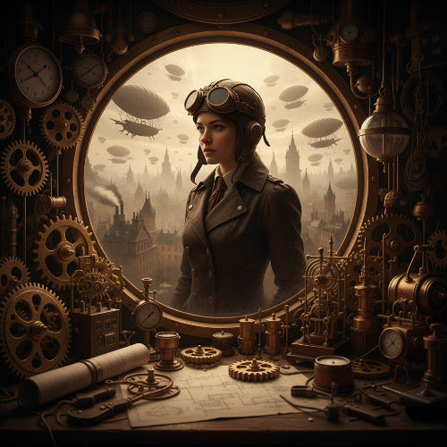 High-detail Steampunk Aviator's Workshop Diamond Painting Kit. Close-up of a female pilot among gears, brass, and blueprints, looking at airships through a round window. Sepia and copper tones.