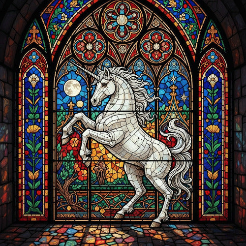 Unique Gothic Stained Glass Diamond Painting Kit depicting a white unicorn. Features rich, jewel-toned colors (ruby, sapphire) separated by thick black lead lines. Square drill recommended.