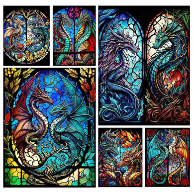 Stained Glass Flower Dragons Full Round Square Diamond Painting