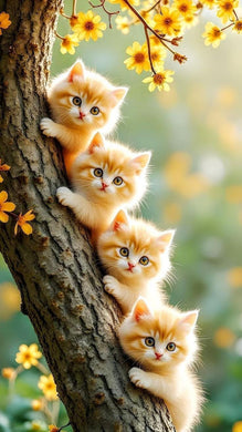 Four orange kittens on a tree branch diamond painting kit – cute cat full drill 5D DIY art for home decoration