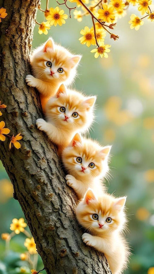 Four orange kittens on a tree branch diamond painting kit – cute cat full drill 5D DIY art for home decoration