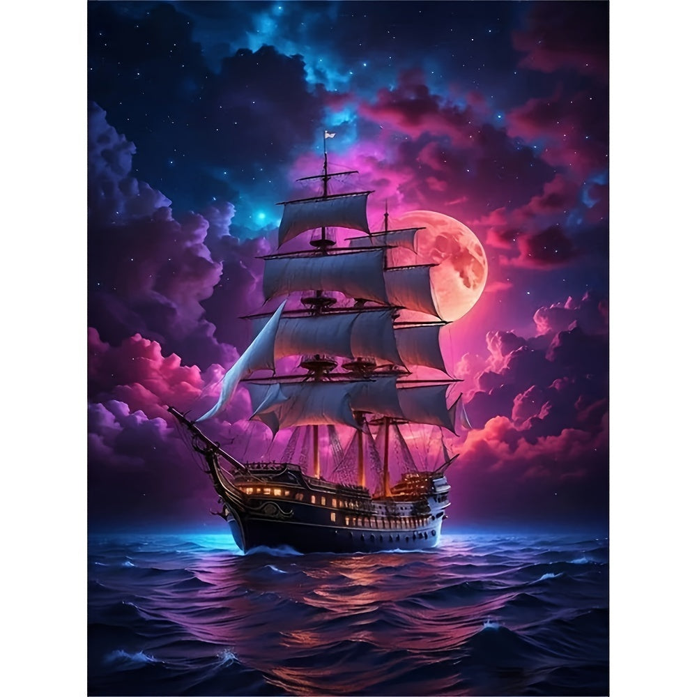 5D Diamond Painting of a Ship in the Ocean with Full Moon and Clouds – Fantasy Art