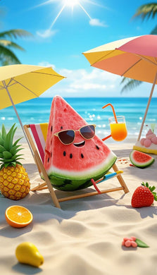 Funny watermelon character wearing sunglasses on a beach chair surrounded by tropical fruits and drinks under a sunny blue sky – 5D diamond painting kit