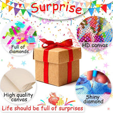 Load image into Gallery viewer, Gift box with red ribbon surrounded by diamond painting images and text about product features.

