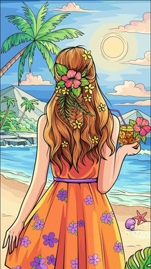 Girl with floral hair and dress on a tropical beach with palm trees and sun – 5D diamond painting kit for summer home décor