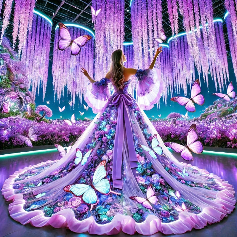 Glowing Floral Purple Butterfly Girl 5D Diamond Painting Kit – Glowing Butterfly and Flower Design for Home Décor