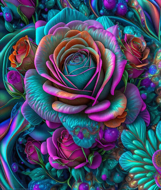 Glowing multicolored flower with green leaves diamond painting kit – purple background full drill DIY art
