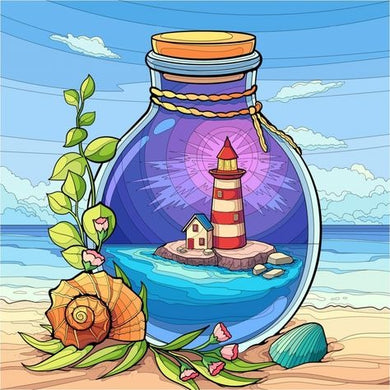 Lighthouse in a bottle with beach elements diamond painting ¨C nautical seaside wall art design
