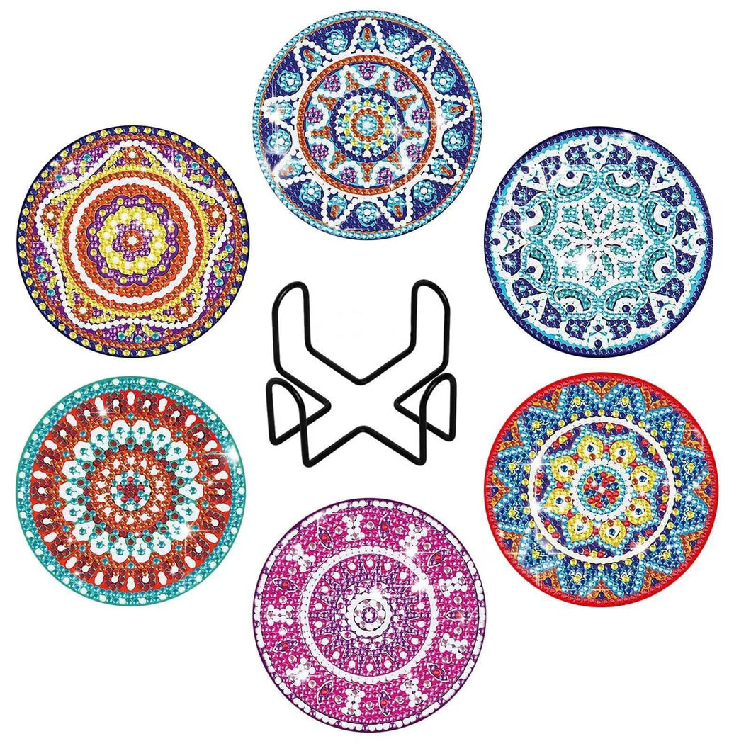6 PCS Mandala Diamond Painting Coasters with Holder