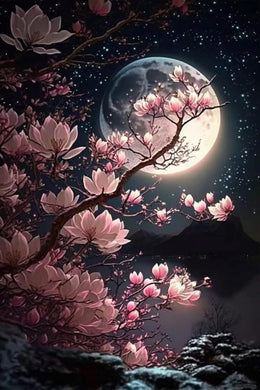 Moonlit floral diamond painting kit – elegant flowers with glowing moon night background